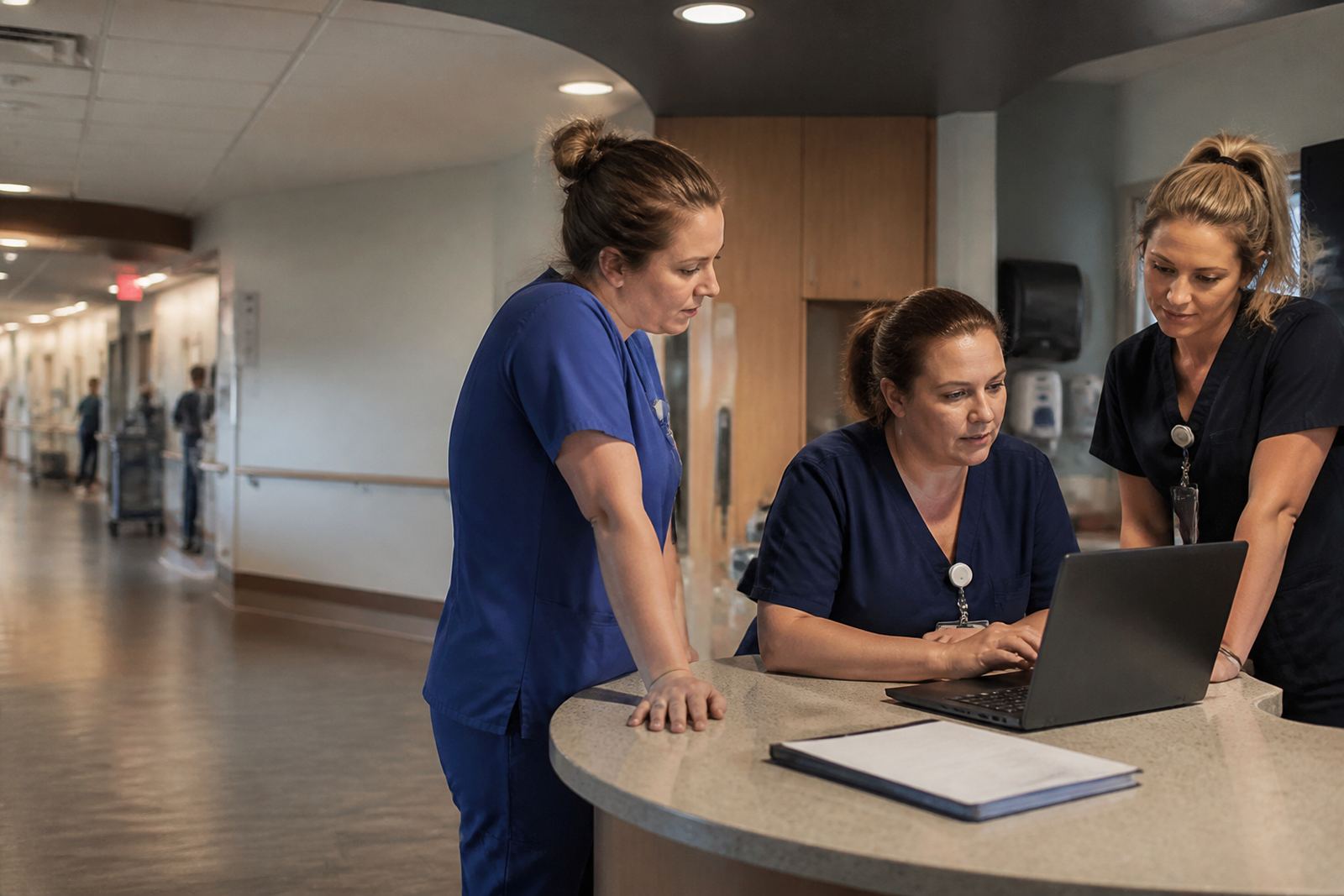 Three nurse leaders reviewing a laptop at a hospital nurses' station
