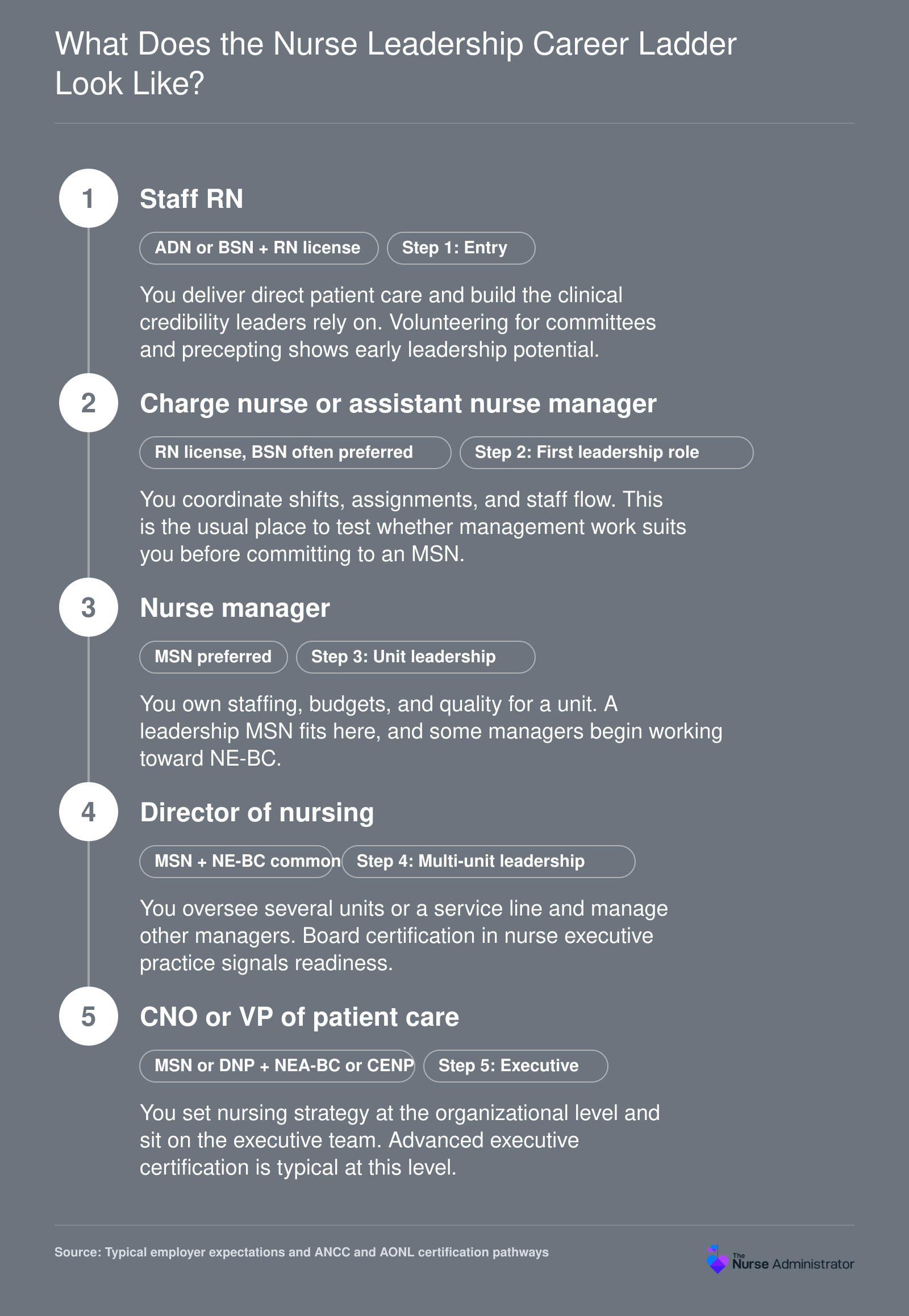 Five-step nurse leadership ladder from staff RN to charge nurse, nurse manager, director of nursing, and CNO, with typical degrees and certifications.